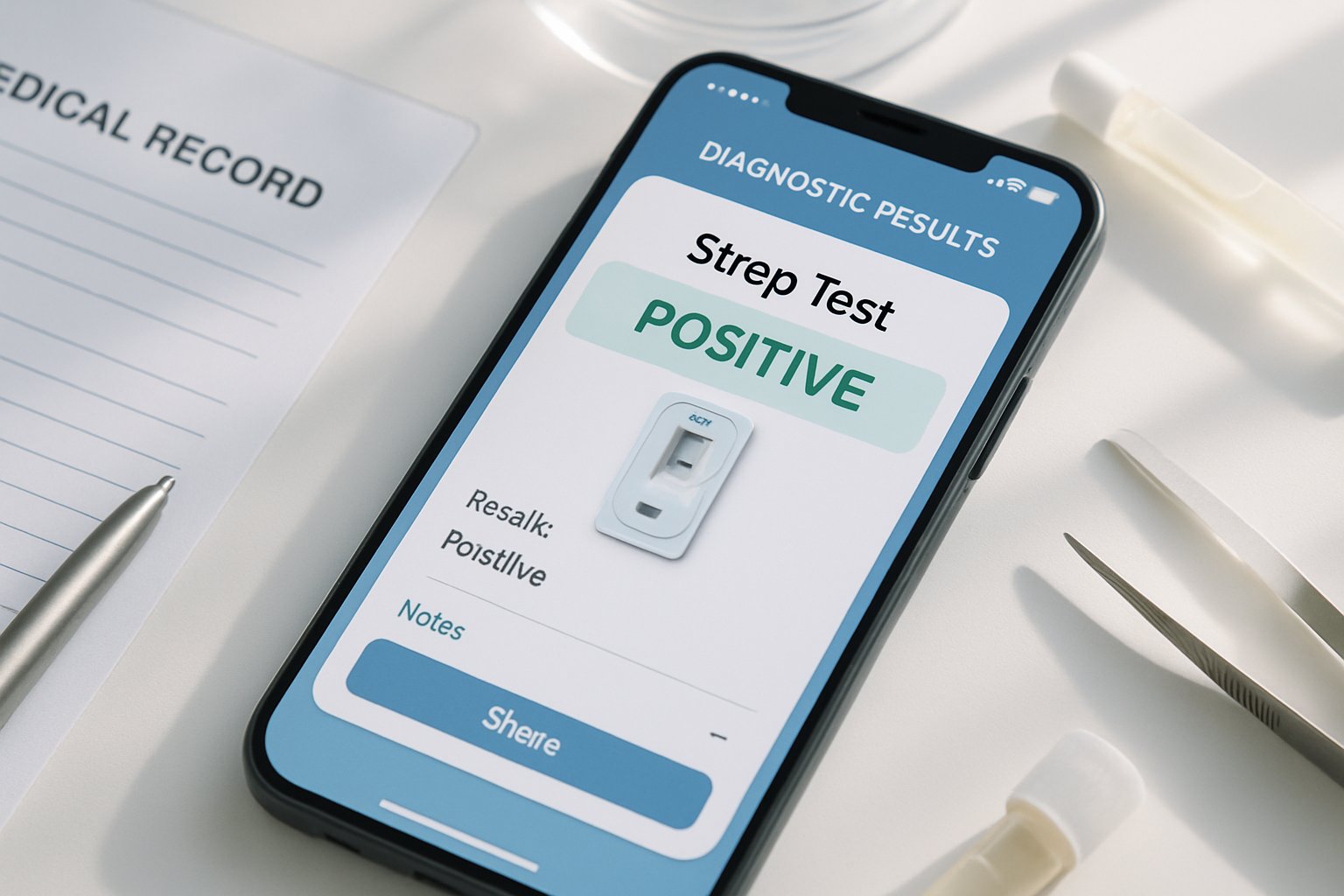 Digital Clinical Lab smartphone displaying rapid strep test results.