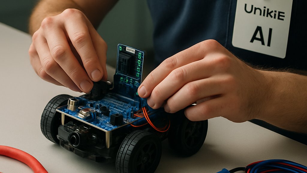Hands working on Unikie AI robotics hardware at a professional engineering bench.