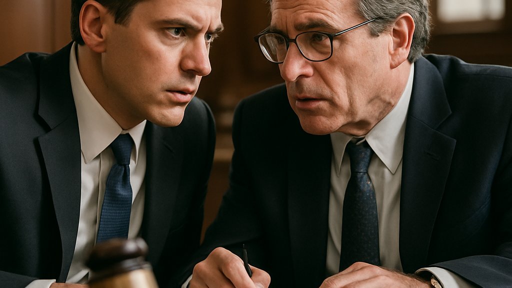 Two attorneys in a realistic courtroom engaged in a Courtroom Clash discussion.