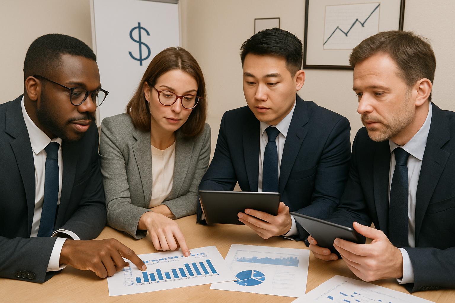 Stablecoin Volume charts are reviewed by a team of bankers in a meeting room.