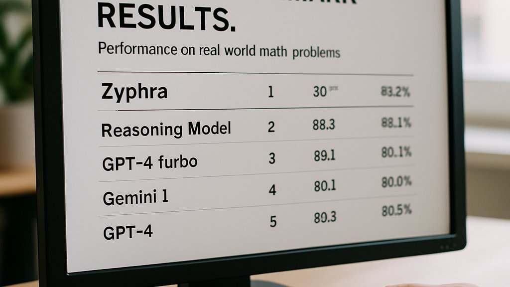 Monitor displaying Zyphra Reasoning Model benchmark results for performance evaluation.