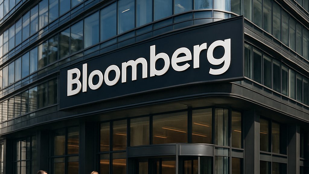 Bloomberg building entrance highlighted in AI Tech Jobs growth context.