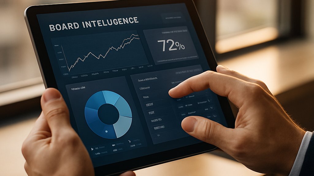 Professional using Board Intelligence dashboard on a tablet in a modern office.