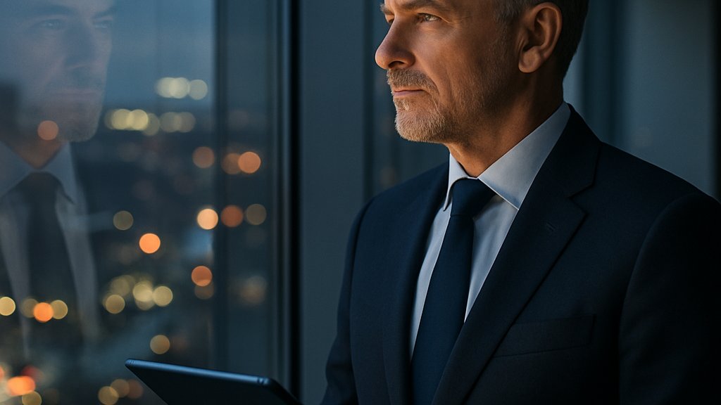AI Disruption CEO facing strategy crisis in modern office