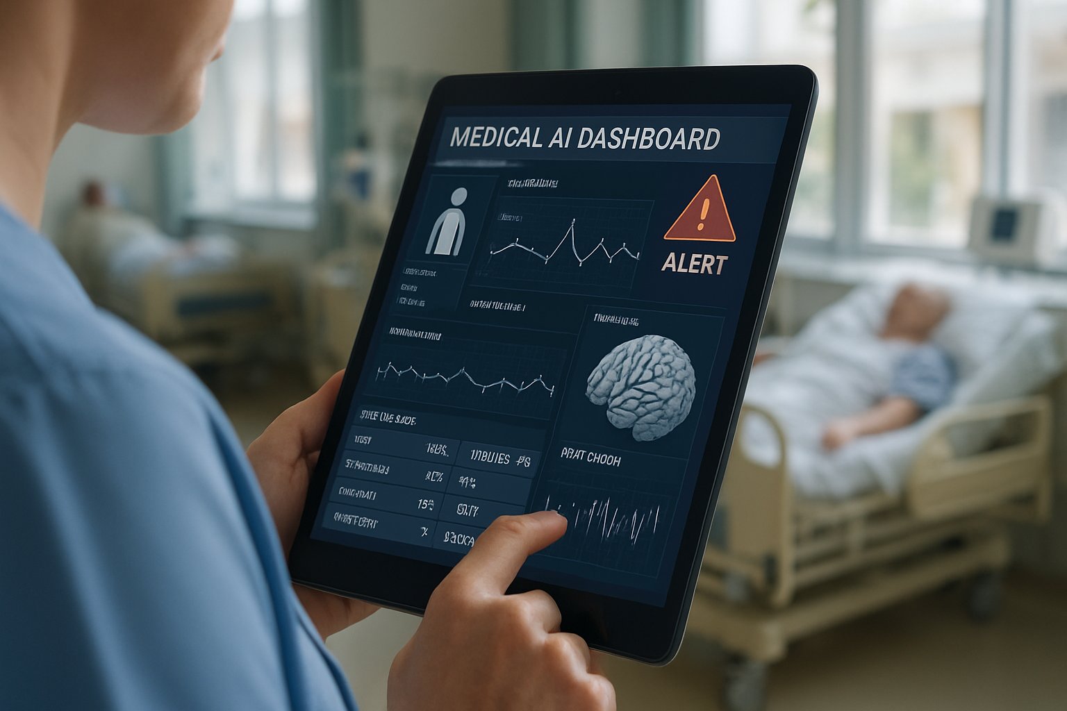 Nurse checking AI Health Accuracy alerts on tablet in hospital setting.