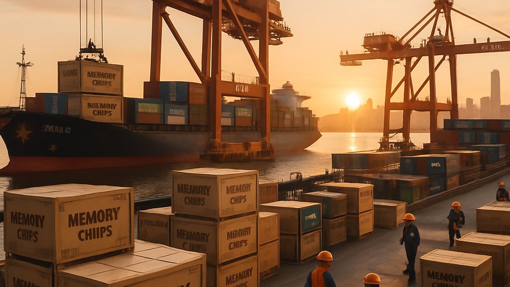 China Memory chip crates being shipped globally from a busy Chinese port.