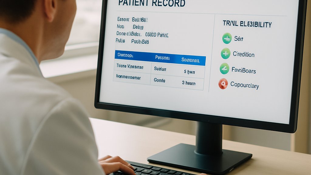 Healthcare AI clinician analyzing EHR data for trial eligibility on computer