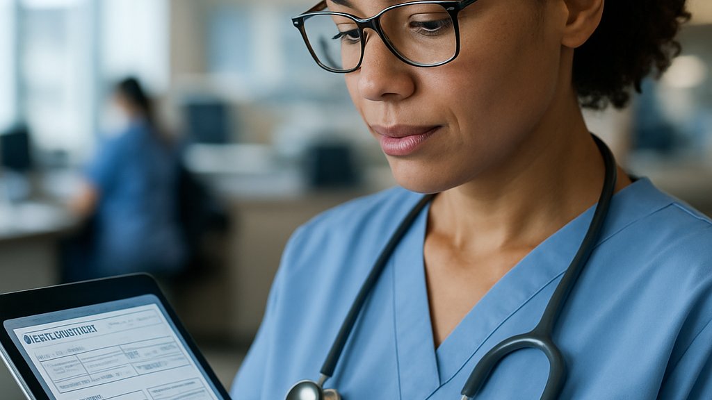 Clinician reviews patient data on Healthcare Informatics tablet at hospital station.