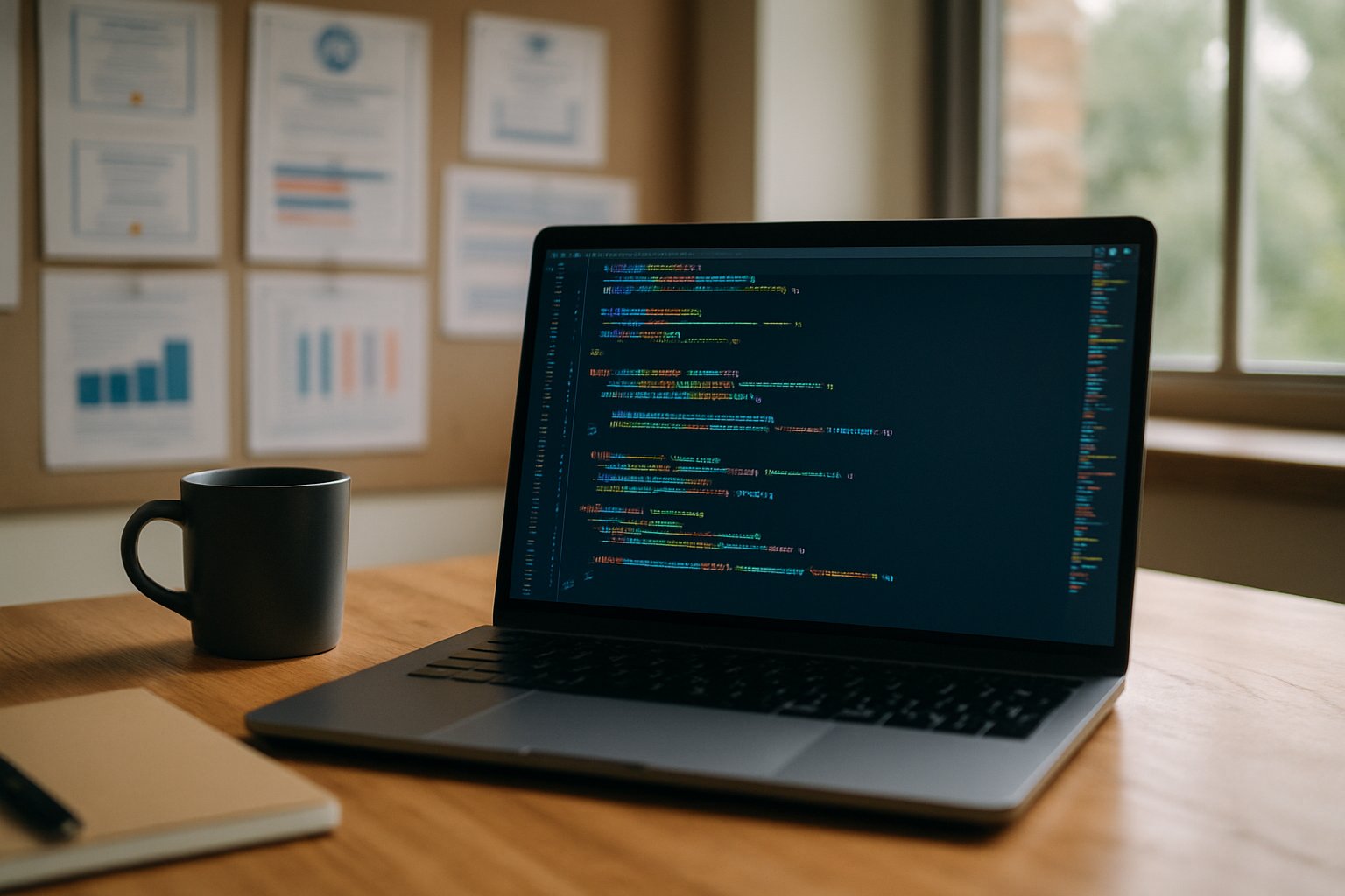 Laptop showcasing Local Coding AI with benchmarks and certifications.