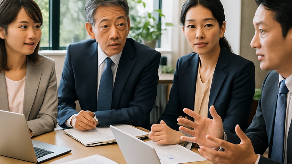 Japanese business professionals collaborating on Japan AI Policy strategy in a modern office.