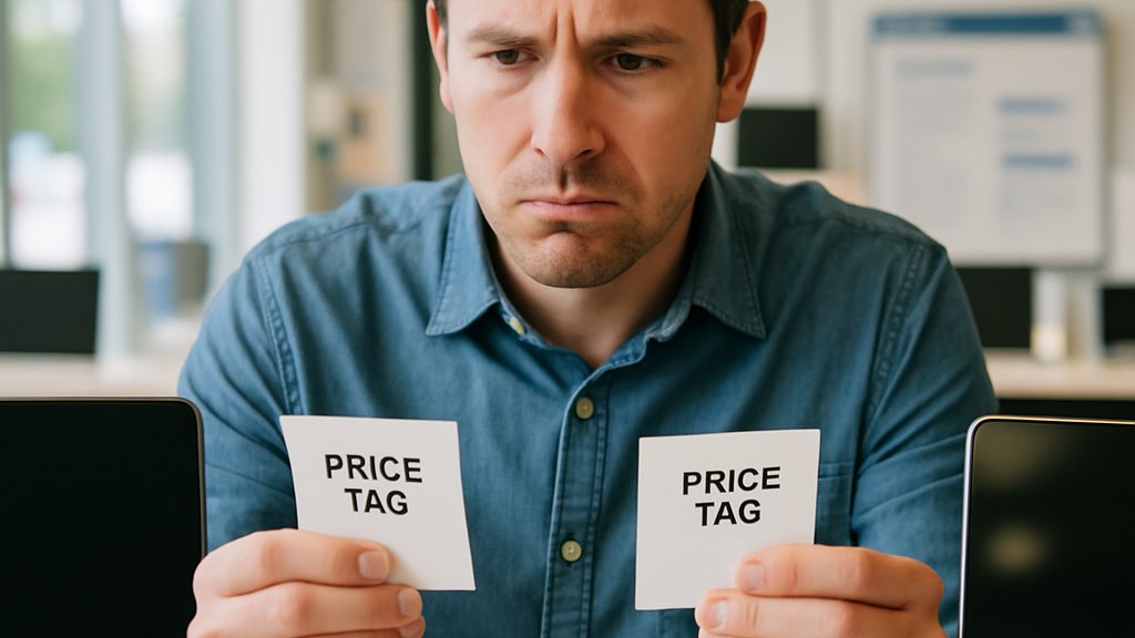 Gadget Costs visualized by shopper comparing expensive laptop price tags in store.