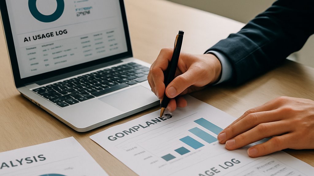 AI Workplace compliance reports and telemetry logs on conference table
