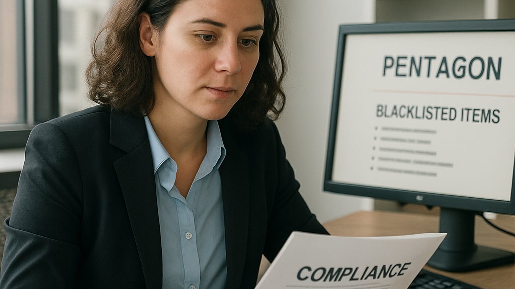 Compliance officer reviews blacklist from Anthropic Pentagon Case at office desk.