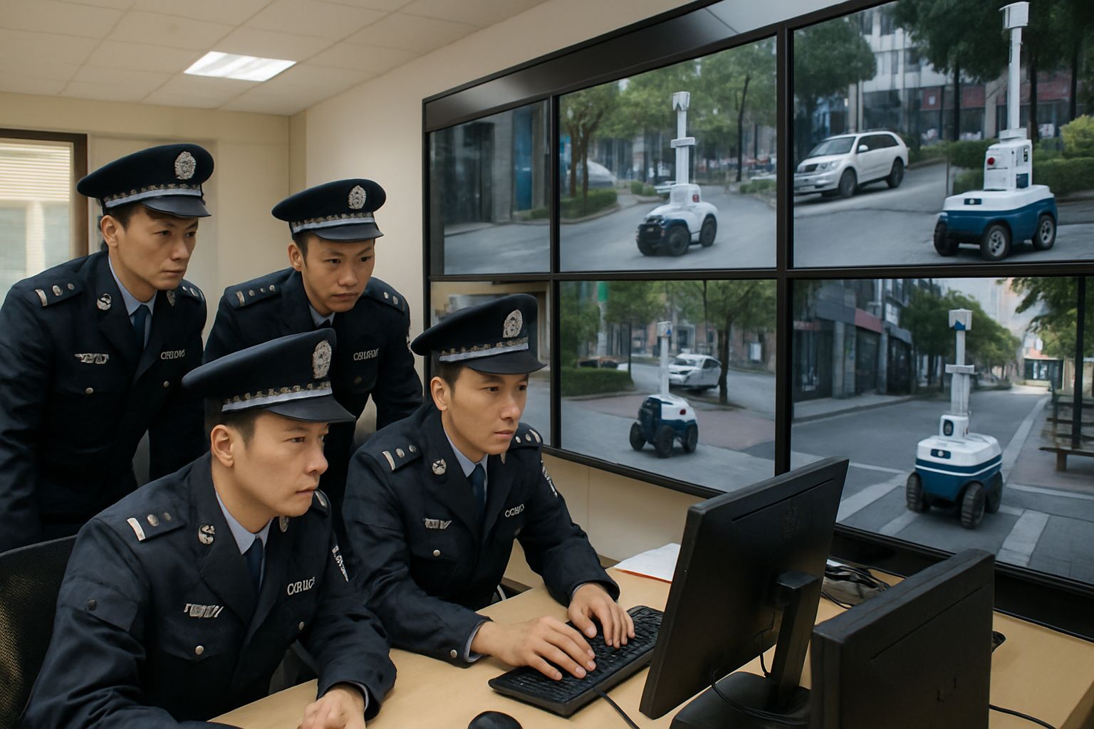Police officers monitoring Robotic Patrol Systems in a Chinese control center