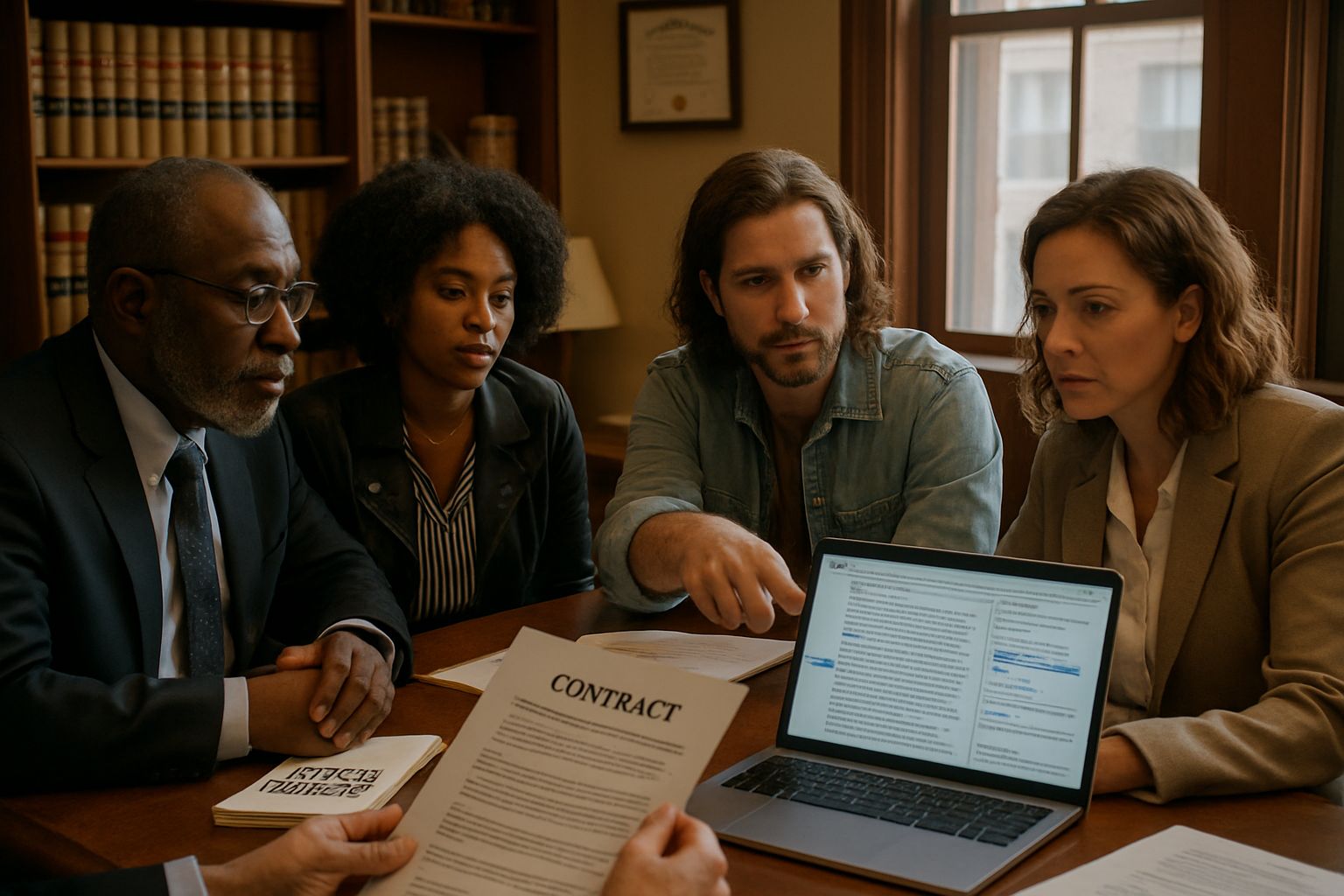AI Music Copyright professionals discussing legal strategies over contracts and music texts.