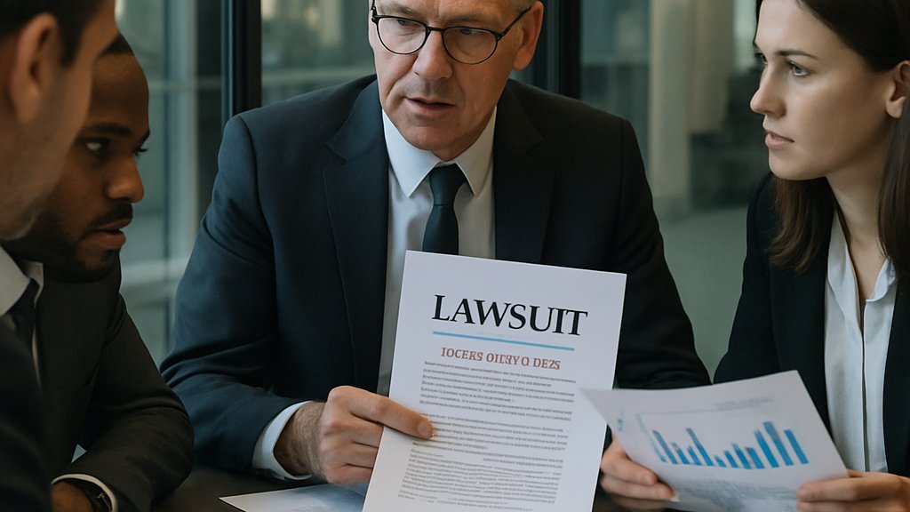 AI Legal Verdict executives reviewing documents in corporate meeting room