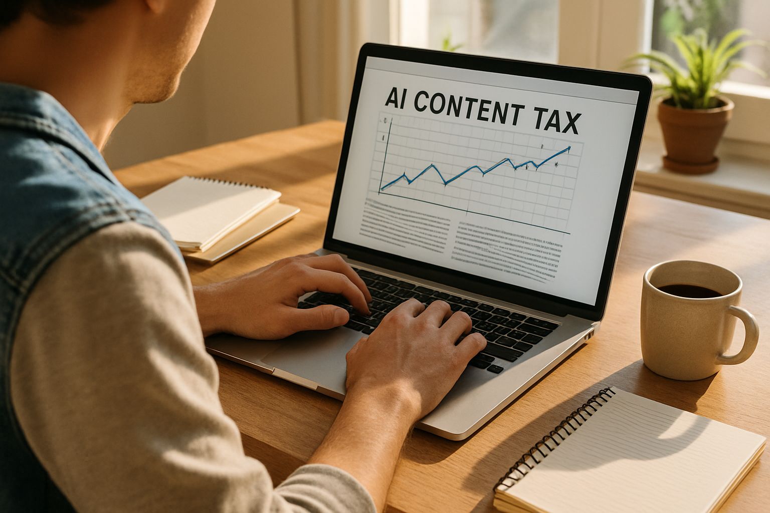 Freelancer reviews AI Content Tax documents on laptop at home workspace.
