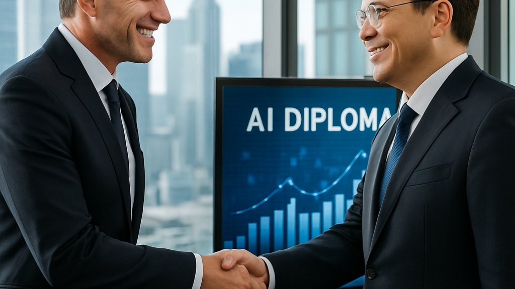 Business professionals discuss Diplomatic AI partnership in office setting.