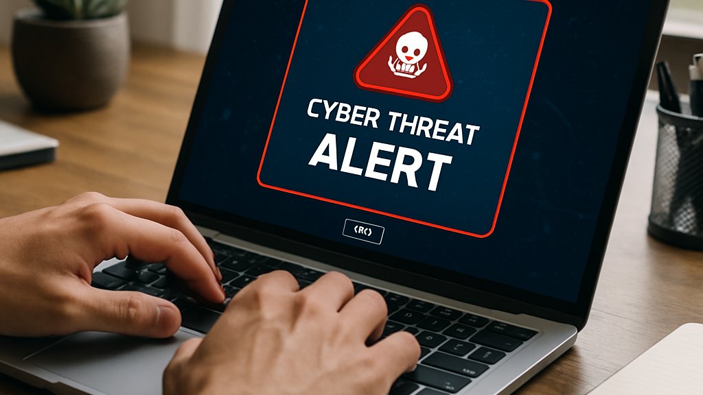 Cyber Threats notification appearing on a laptop in a real home office.