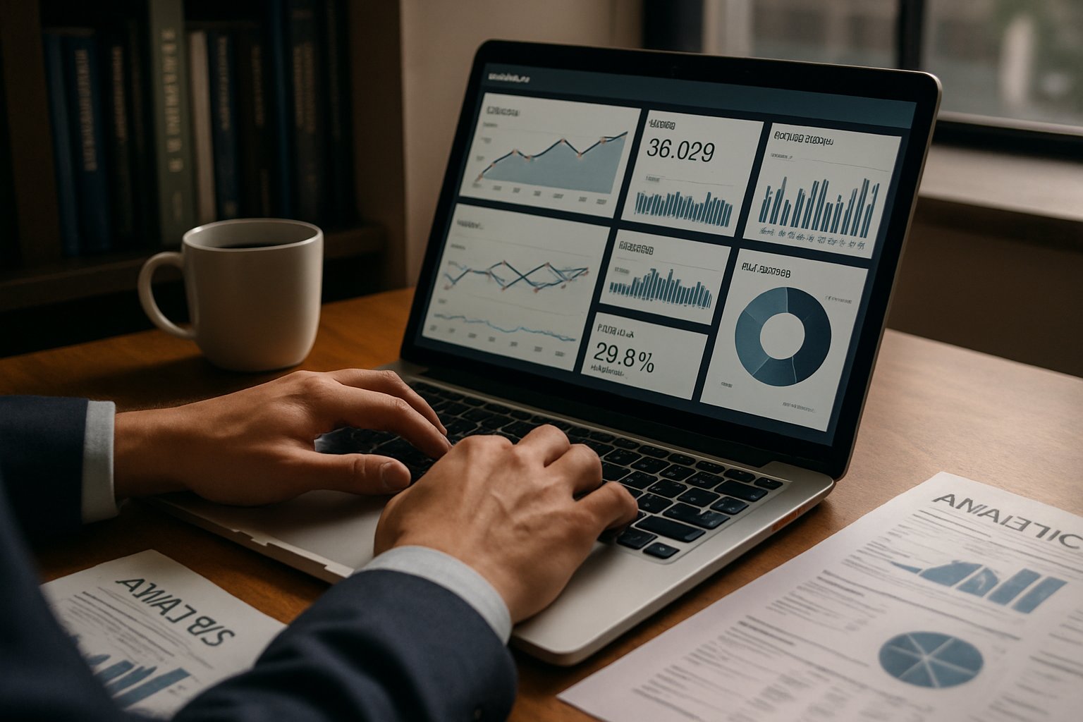 Analyst working with Decision Intelligence dashboard at modern workplace.