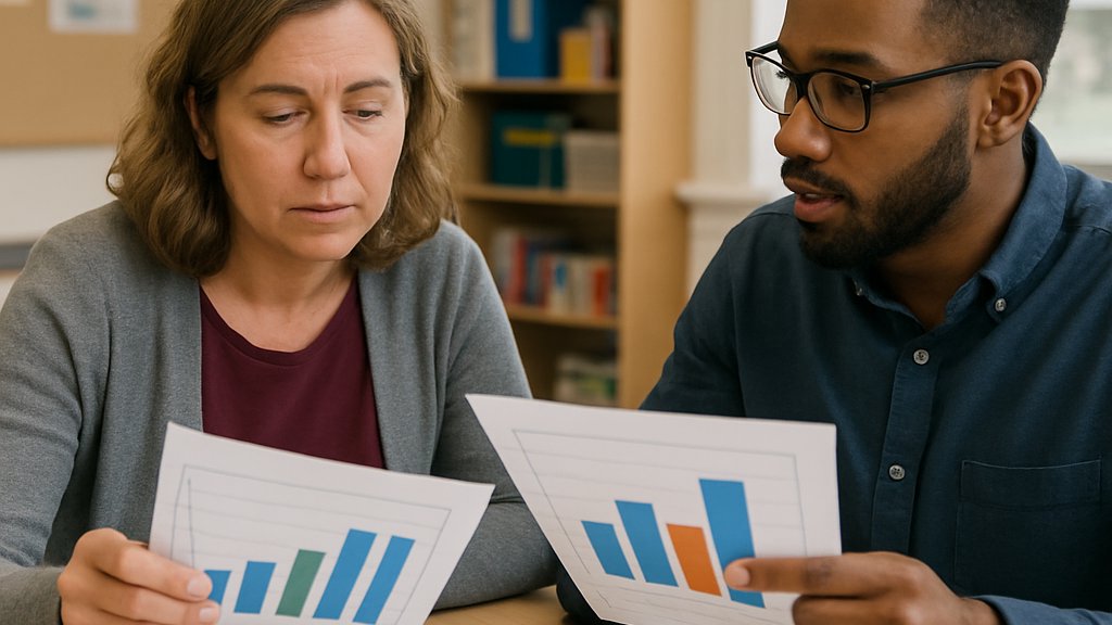 Educator reviewing reports with Educational Statistics AI in a classroom setting