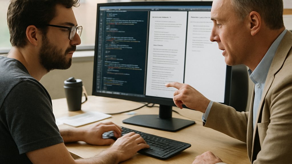Engineer and manager planning AI Deployment Strategy for enterprise rollout