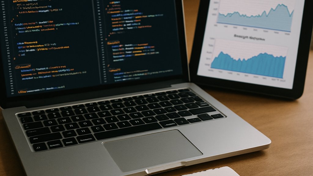 Developer desk with AI Coding Benchmark charts and code analysis