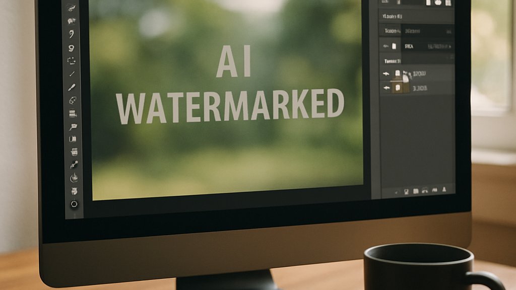 Desktop screen showing AI Watermarking process with natural lighting.