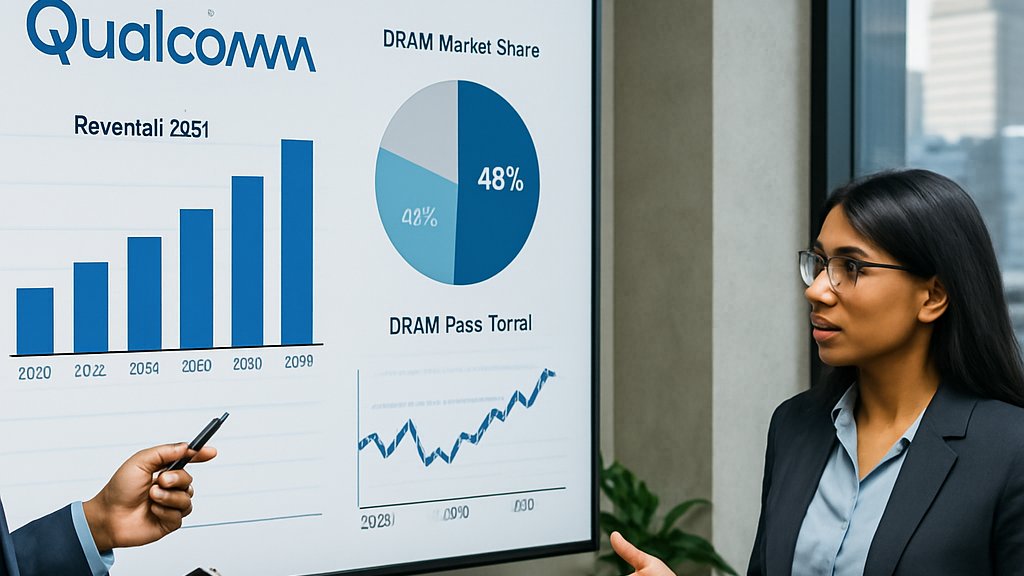 Professionals discussing Qualcomm DRAM strategy with market data charts in office.
