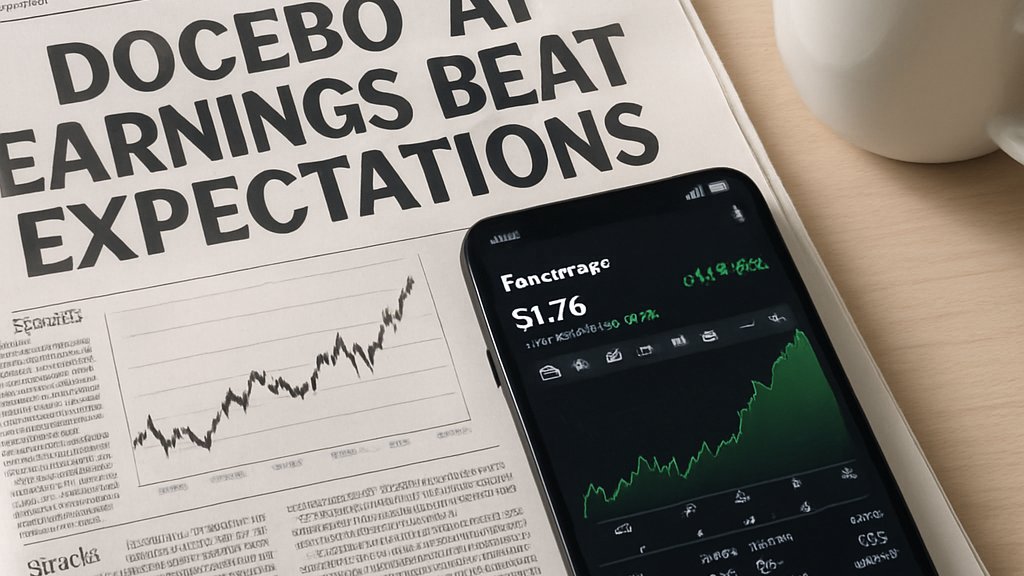 Docebo AI Earnings headline with financial newspaper and stock app on desk.