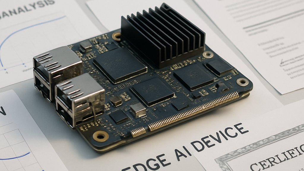Edge AI device on lab bench alongside analysis and certification documents