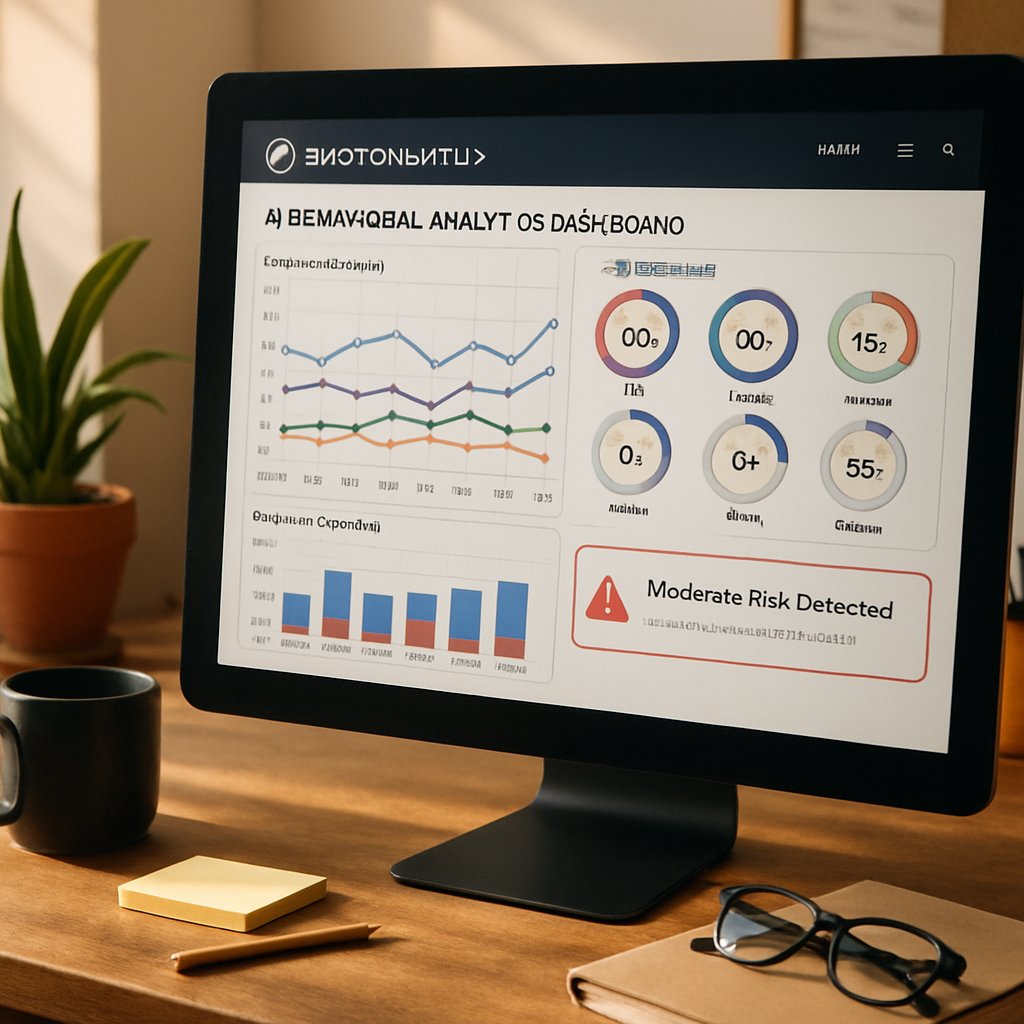 EmotionShield AI behavioral analytics dashboard for finance teams shown on desktop screen.