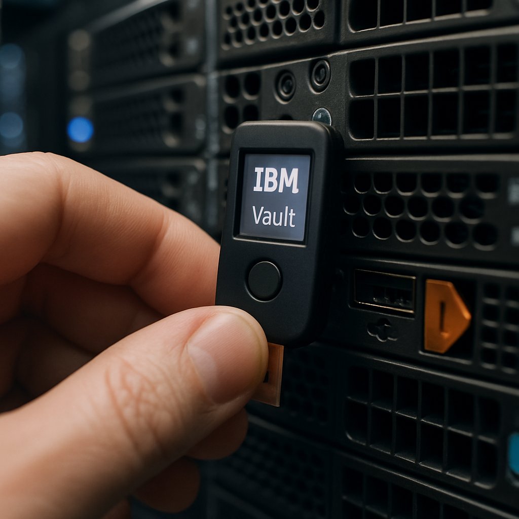 Technician using hardware token with IBM Vault for encrypted data access in a data center.