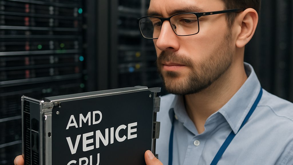 Engineer installing AMD Venice CPU server blade in a data center rack.