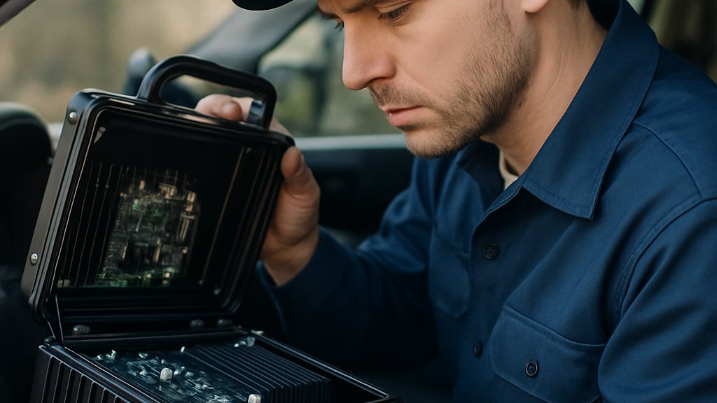 Engineer reviews OSS Rugged AI device in vehicle setting.