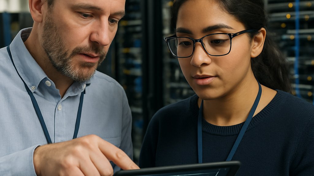 Network engineers collaborate over digital schematics reflecting AI Networking Efficiency.