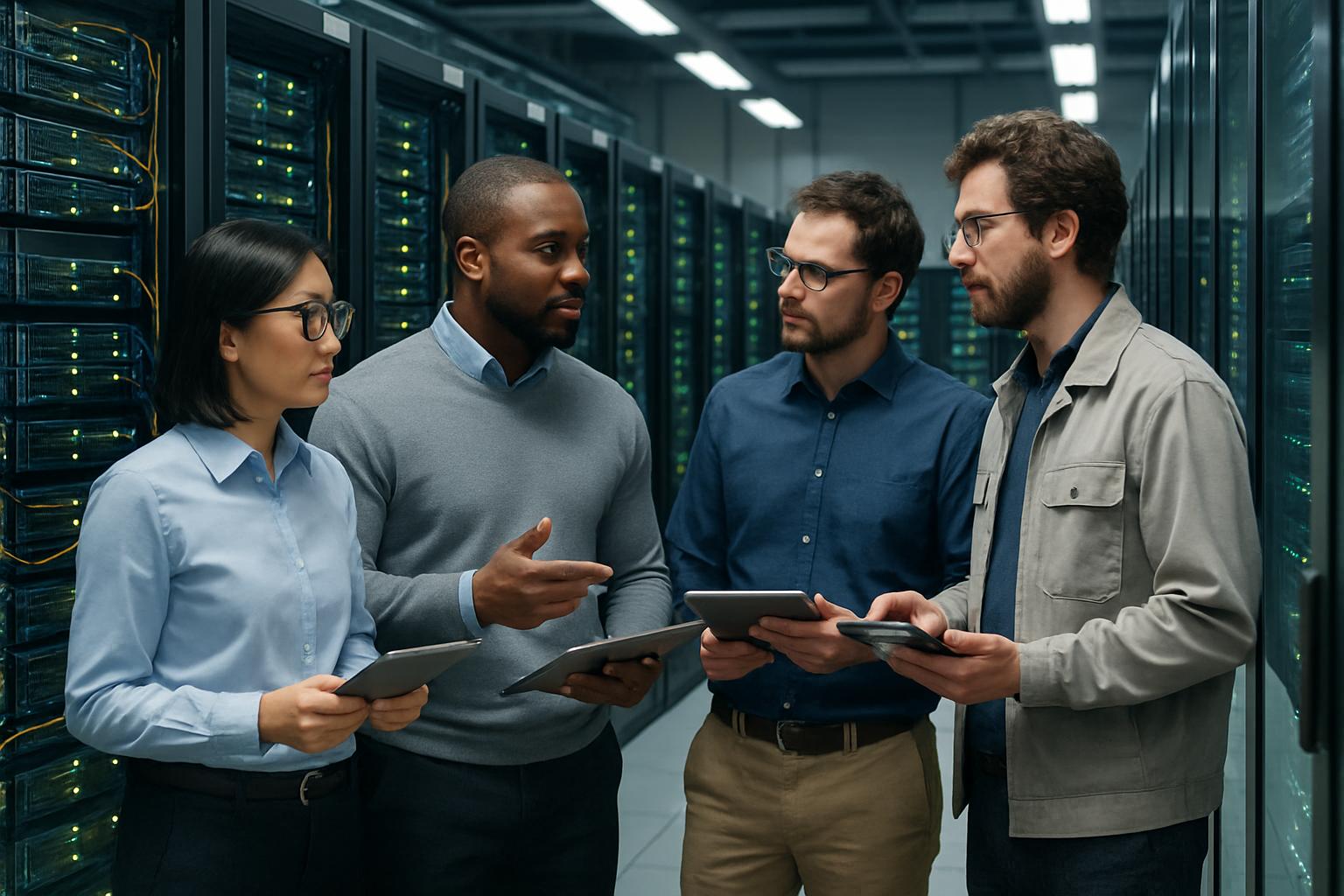 AI Data Centers engineers collaborating in high-tech server room environment