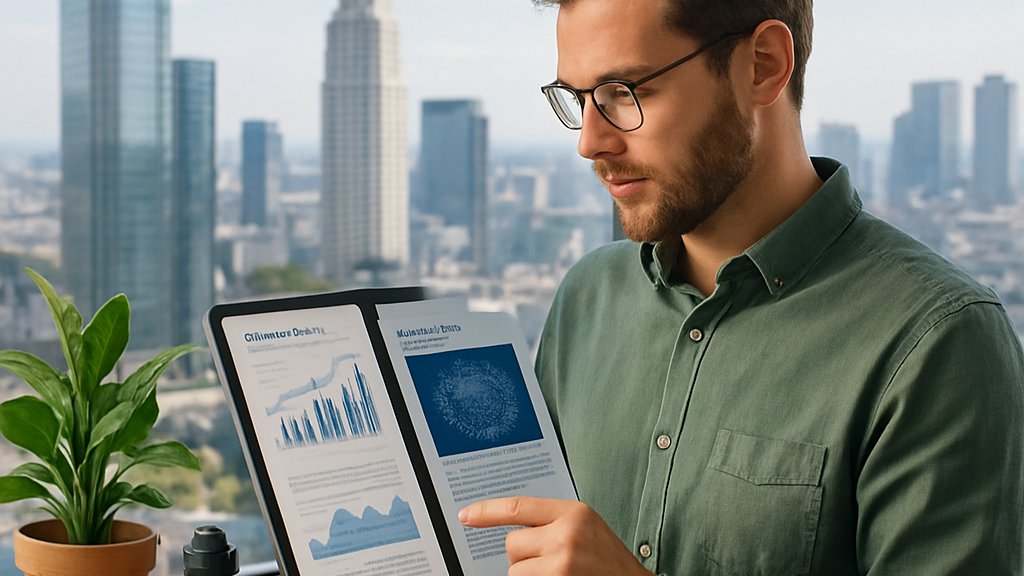 Entrepreneur reviews sustainable AI funding options in modern office with natural light.