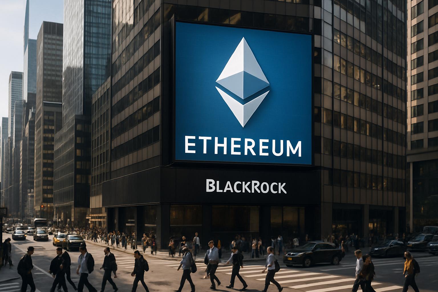 Ethereum logo and BlackRock branding in a city financial district representing the Ethereum Staking Economy.