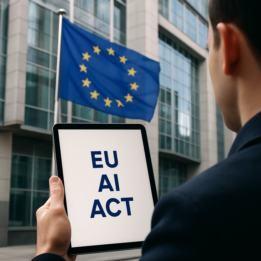 EU AI Act text displayed on tablet in front of European Union flag and building.