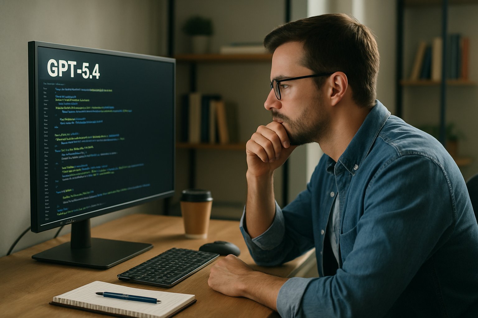 Professional studying GPT-5.4 for AI Agent Autonomy advancements at a modern desk.
