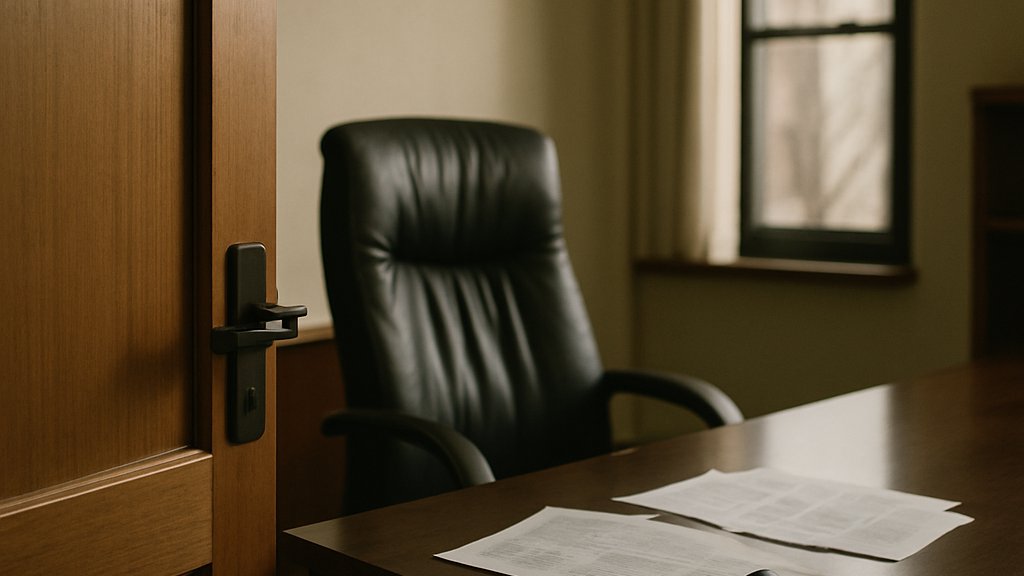 Corporate Ethics illustrated by sudden executive resignation with abandoned office.