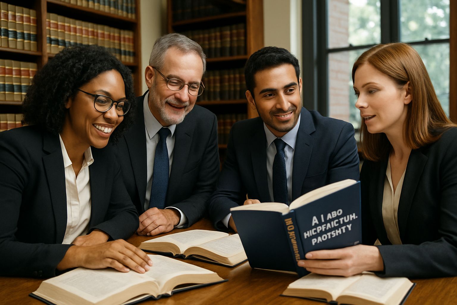 Legal professionals discuss AI IP Law in a traditional law library setting.