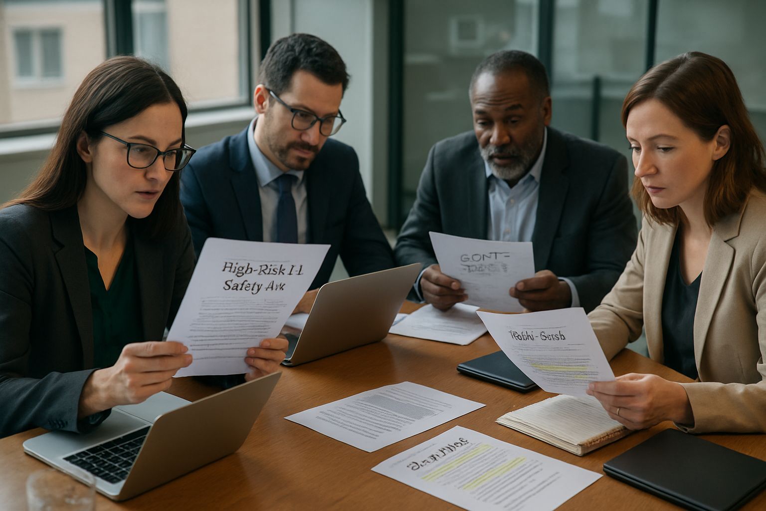 Policy experts reviewing High-Risk AI Safety law drafts in a modern conference room.