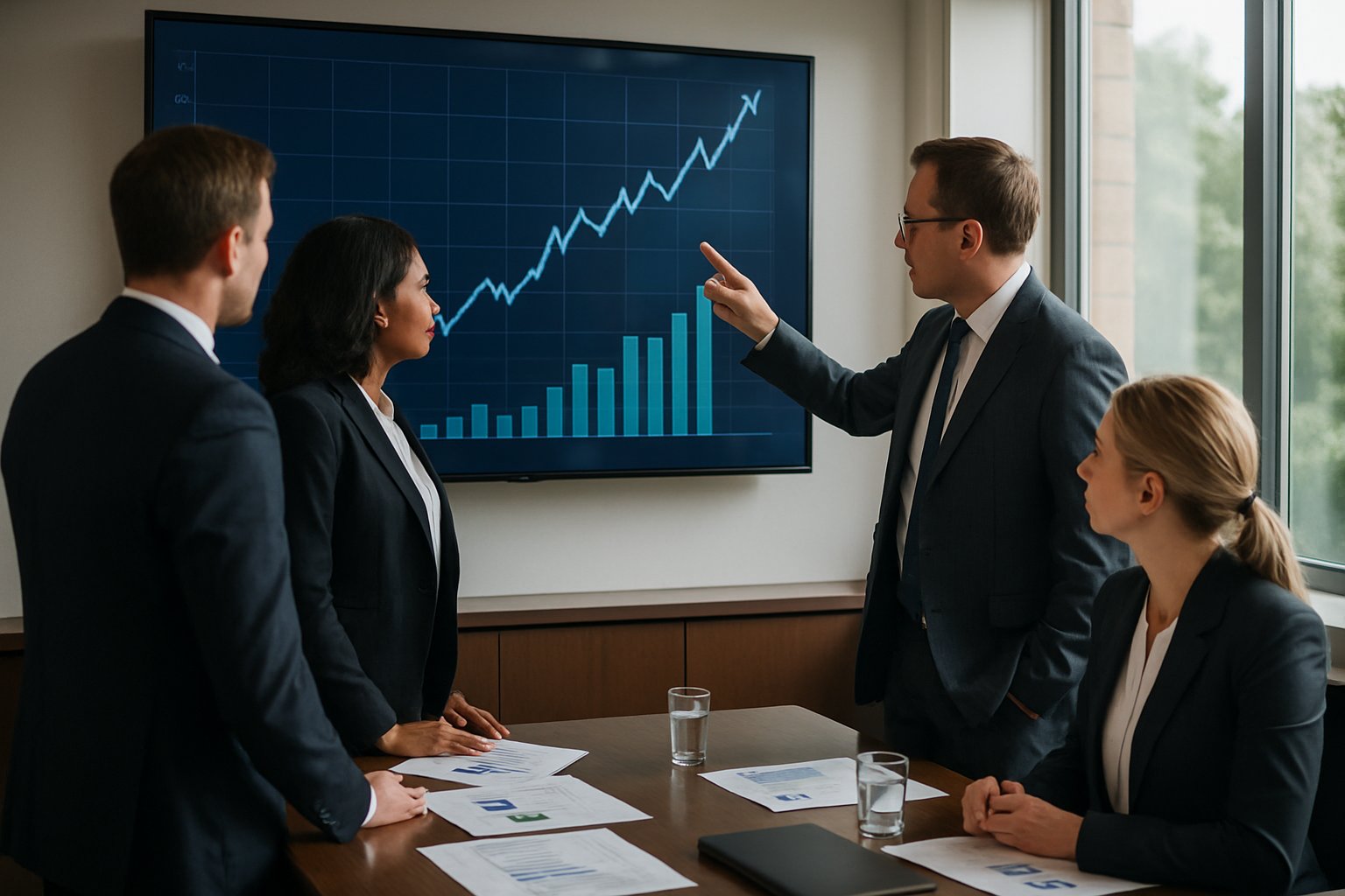 Team analyzes Semiconductor Market Growth trends in a bright boardroom setting.