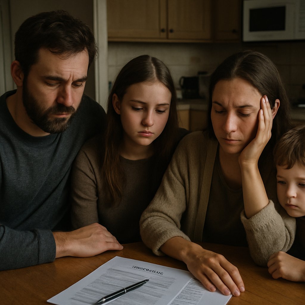 Family discusses OpenAI Lawsuit around kitchen table with documents.