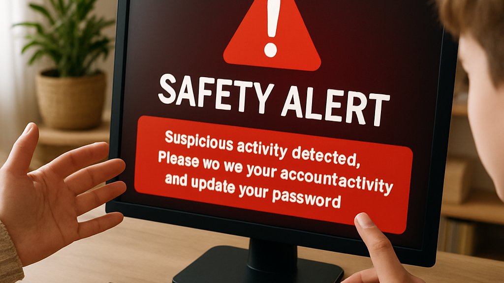 Family learning about Digital Safety through warnings on computer screen at home.