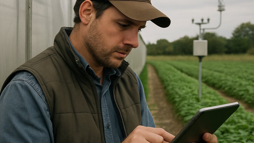 Agricultural AI crop data review in modern greenhouse setting