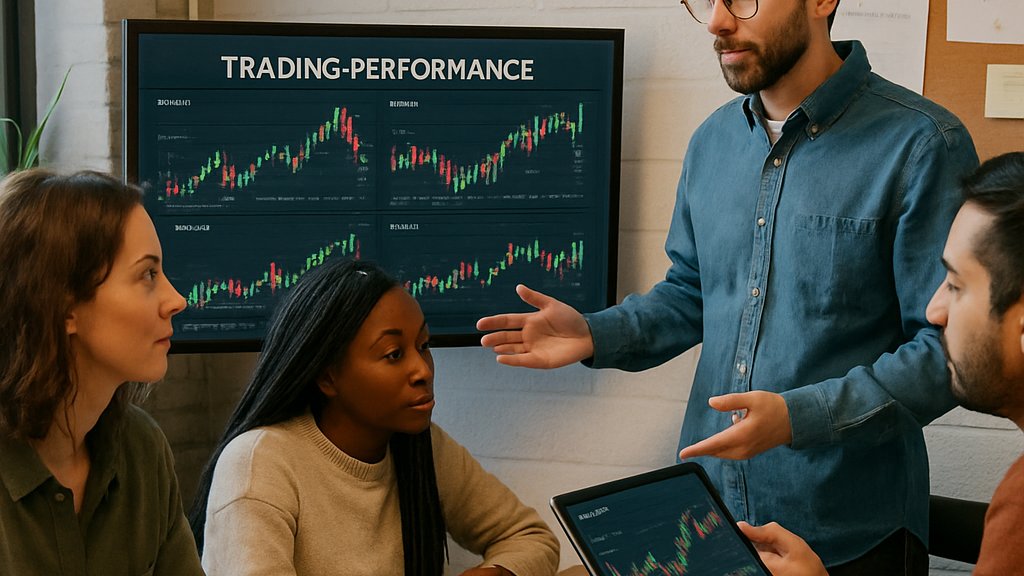 Algorithmic Trading team reviewing app strategies in a fintech office