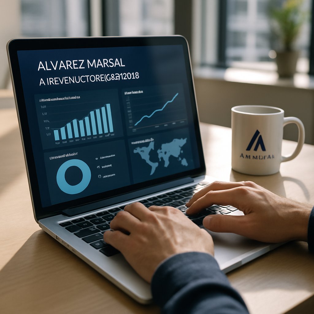 Alvarez Marsal AI revenue forecast dashboard on office laptop.